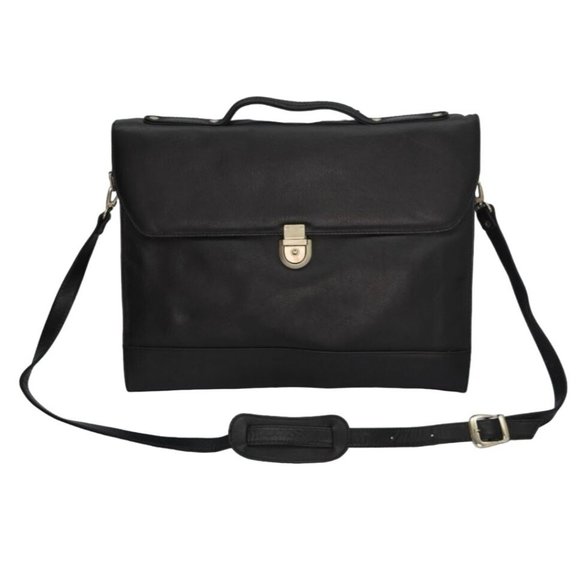 Vintage Black Leather Attache Portfolio Briefcase Flap Over Case - Picture 1 of 6